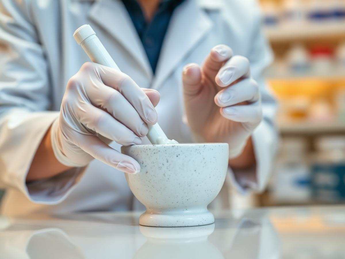 Farmacêutica manipulando fórmula personalizada